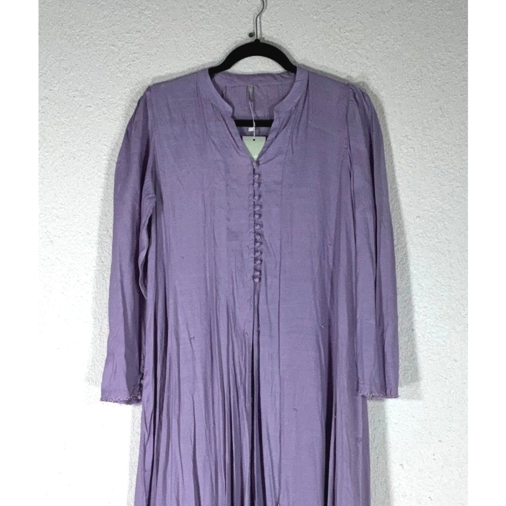 Generation Purple Maxi Dress - 12 - Button Front Pleated Long Sleeve Boho Fairy